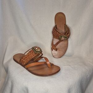 Miss Trish Braided Leather Toe-Post Sandals Tan with Decorative Jeweled Buckle